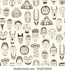 African masks seamless vector line pattern