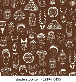 African masks seamless vector line pattern