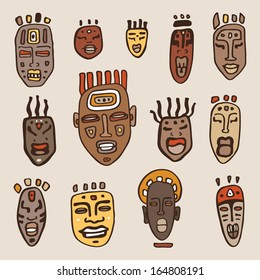 African Masks set. Ethnic Hand Drawn vector illustration. 