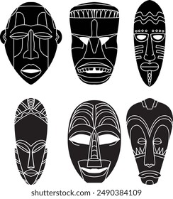 African masks set. Set of tribal masks silhouettes, keep black and white or color to match your pallete or style. Celebrate African culture.