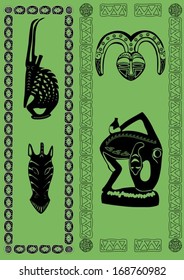 African masks and statues silhouettes pattern with brushes