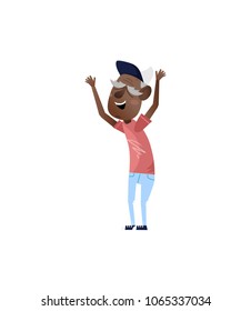African mature man with hands up character. Happy old people lifestyle isolated on white background vector illustration.