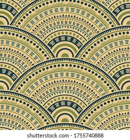 African Medallions Mosaic Textile Ornament Vector Seamless Pattern. Folk Motifs Abstract Repeating Scallops. South African Ethnic Medallion Concentric Shapes Seamless Geometric Pattern.