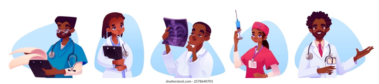 African medical professionals set - doctor with clipboard, nurse holding tablet, physician examining x ray, healthcare worker with syringe, specialist in white coat. Diverse hospital staff characters.