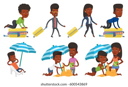 African men making sand castle on the beach. Friends building sand castle under beach umbrella. Tourism and beach holiday concept. Set of vector flat design illustrations isolated on white background.