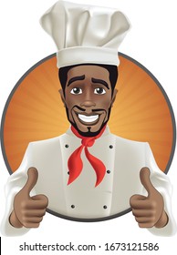 African Men Smiling Chef. Black Guy Face Avatar With Smile, Chefs Hat And Thumb Up