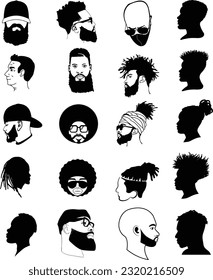 African Men Vector, Afro Men, Black Man Vector, African American Black African American afro male face, curls hair style Black men Silhouettes 