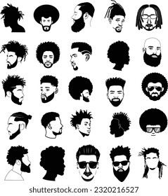 African Men Vector, Afro Men, Black Man Vector, African American Black African American afro male face, curls hair style Black men Silhouettes 