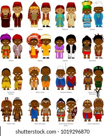 African men and women in national traditional costumes, vector and illustration
