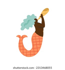 An African mermaid with piercing sounding a horn, cute Black chubby musician Sea maid play the trumpet, calls. Diversity, underwater mythical creature concept. Vector hand-drawn illustration.