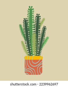 African milk tree or cathedral cactus in a design pot. Flat vector illustration.