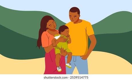 African mom and dad with one child hanging out outdoor. Mother carrying her son, happy family. Parenthood vector illustration