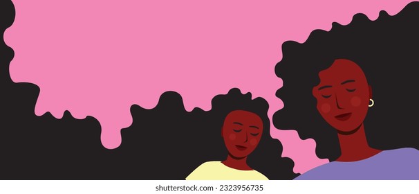 African mom and daughter with black skin hugging as cute copy space template for design, flat vector stock illustration