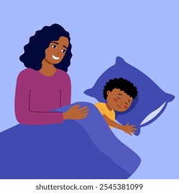 Mamá africana criando a su hijo durmiendo en la Ilustración vectorial de la cama.