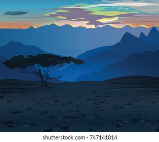 African morning mountain landscape sunrise silhouette tree vector