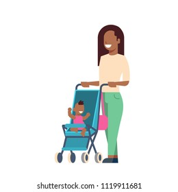 african mother baby son in stroller full length avatar on white background, successful family concept, flat cartoon vector illustration