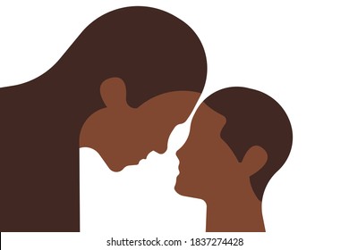 African mother and child face to face looking to each other. Simple shapes line art illustration. Vector.