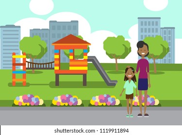 african mother and daughter full length avatar over city park children playground flowers green lawn trees template cityscape background flat vector illustration