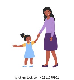 African mother and daughter holding hands walking together in flat design on white background.