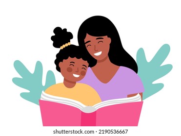 African mother and daughter reading book together in flat design on white background.