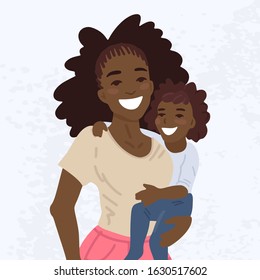 African mother is holding her child in arms. Portrait of woman with kid. Card for mothers day. Mom love. Isolated on background. Vector cartoon illustration