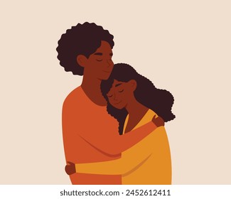 African mother is hugging her teenage daughter. Happy Mother's day. Mother and daughter. Vector illustration