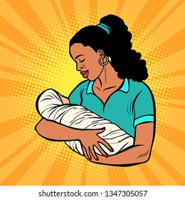 african mother with newborn, woman and child. Comic cartoon pop art vector retro vintage drawing