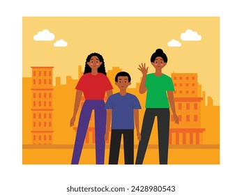 African mother, older sister and younger brother smiling saying hello, outdoors with cityscape. Character design. Vector flat illustration
