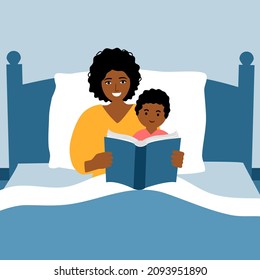 African mother reading story for her daughter in bedroom vector illustration. Children bedtime story book.