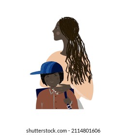African mother with son. Cute vector illustration for Mother's Day for design, postcard, sticker