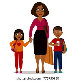 African mother with son and daughter .Busy mom holds siblings and shopping bags. Boy, girl with school backpack.Vector illustration of full body detailed characters in a flat style, isolated on white.