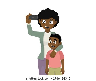 African mother and son taking selfie cute cartoon. ,vector eps10 