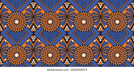 African motif ethnic traditional pattern. seamless beautiful Blue color. pattern for fashion. Geometric abstract motif. African wax prints. orange circle pattern design. Beautiful fashion design.