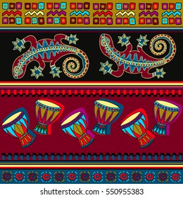 African motifs. Panel with stylized lizards ornaments, drums, in dark colors. Vector