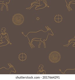 African motives. Vector graphic seamless pattern with animals, buffalo and horse on a brown background