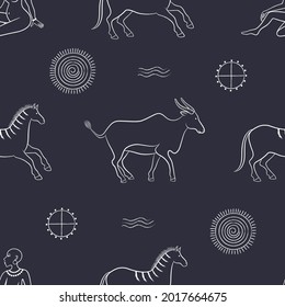 African motives. Vector graphic seamless pattern with animals, buffalo and horse on a dark blue background