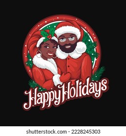 African Mr and Mrs Santa, vector Hand  drawn  illustration with happy holidays theme