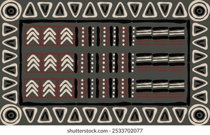 Pano de lama africano padrão bogolês Pano de lama americano tecido tribal padrão sem emenda boêmio, geométrico, ziguezague, design tribal, ilustração, vetor, projeto de padrão asteca tribal para têxtil, moda, tapete.