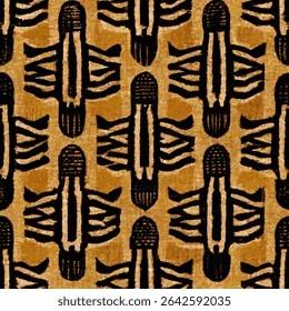 African mud cloth pattern with a tribal fish design in black and brown on a gold. grunge lines ikat pattern, ikat seamless pattern, Vector illustration background for print the paper.