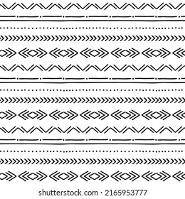 African mud cloth tribal ethnic hand drawn vector seamless pattern. Boho traditional black and white ornament. Folk horizontal stripes background perfect for home fabric textile wall paper design.