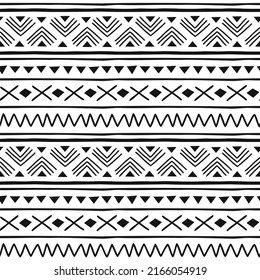 African mud cloth tribal ethnic hand drawn vector seamless pattern. Boho traditional black and white ornament. Folk horizontal stripes background perfect for home fabric textile wall paper design.