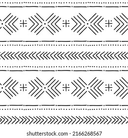 African mud cloth tribal ethnic hand drawn vector seamless pattern. Boho traditional black and white ornament. Folk horizontal stripes background perfect for home fabric textile wall paper design.