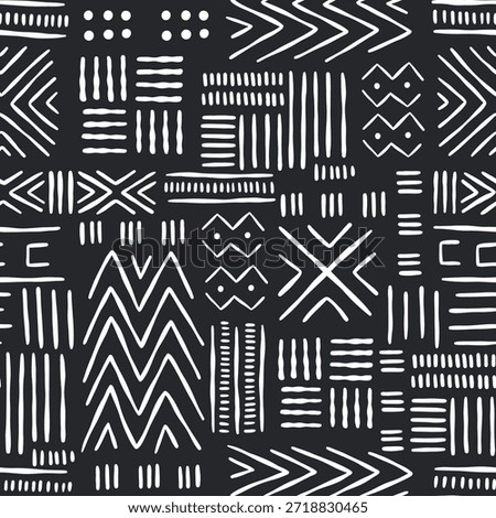 African Mudcloth Inspired Seamless Pattern with Hand Drawn Tribal Geometric Symbols
