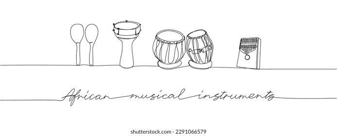African musical instruments set one line art. Continuous line drawing of drums, maracas, darbuka, bongos, kalimba with an inscription, lettering, handwritten.