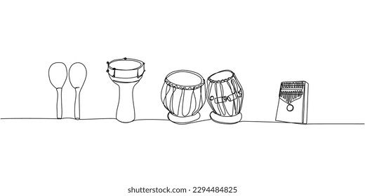 African musical instruments set one line art. Continuous line drawing of drums, maracas, darbuka, bongos, kalimba, doumbek