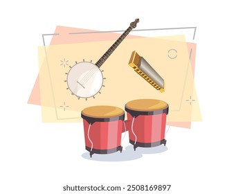 Afrikanische Musikinstrumente, Vektorgrafik-Set. Bongo Drums, Banjo und Mundharmonika. Musikkonzept. Kann für Themen wie Freizeit, Kultur, Konzert verwendet werden