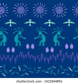 African musician flute player vector ethnic tribal motifs seamless pattern. Mythical design with humpbacked man playing flute musical instrument. African elements modern pattern.