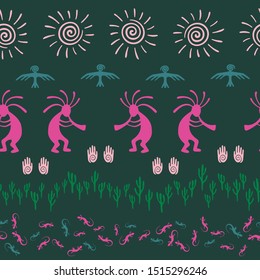 African musician flute player vector ethnic tribal motifs seamless pattern. Aborigine design with lizard, Kokopelli fertility deity, sun, eagle, cacti. African myth elements graphics.