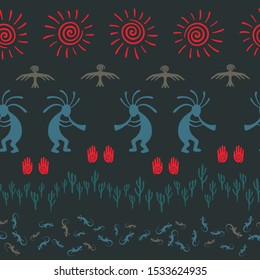 African musician flute player vector ethnic tribal motifs seamless pattern. Folk design with gecko, Kokopelli fertility god, sun, bird, cacti. African desert wildlife pattern.