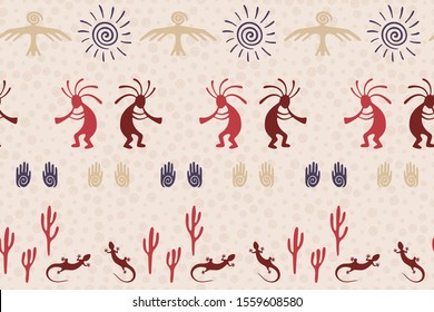 African musician flute player vector ethnic tribal motifs seamless pattern. Folk design with trickster god, swirl icons on human palm, sun, eagle. African signs cute pattern.